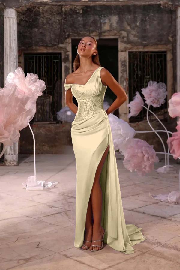 Sleeveless One Shoulder Long Split Prom Dress With Pleated Sequin BMBRIDE