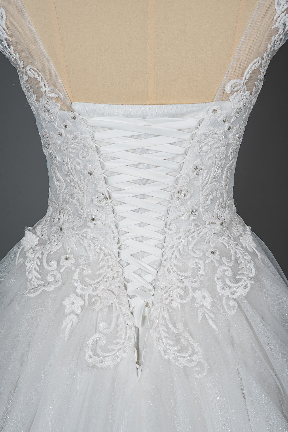 Elegant Cap Sleeve Sheer Tulle Ball Gown Wedding Dress with Lace V-Neck BM bride
