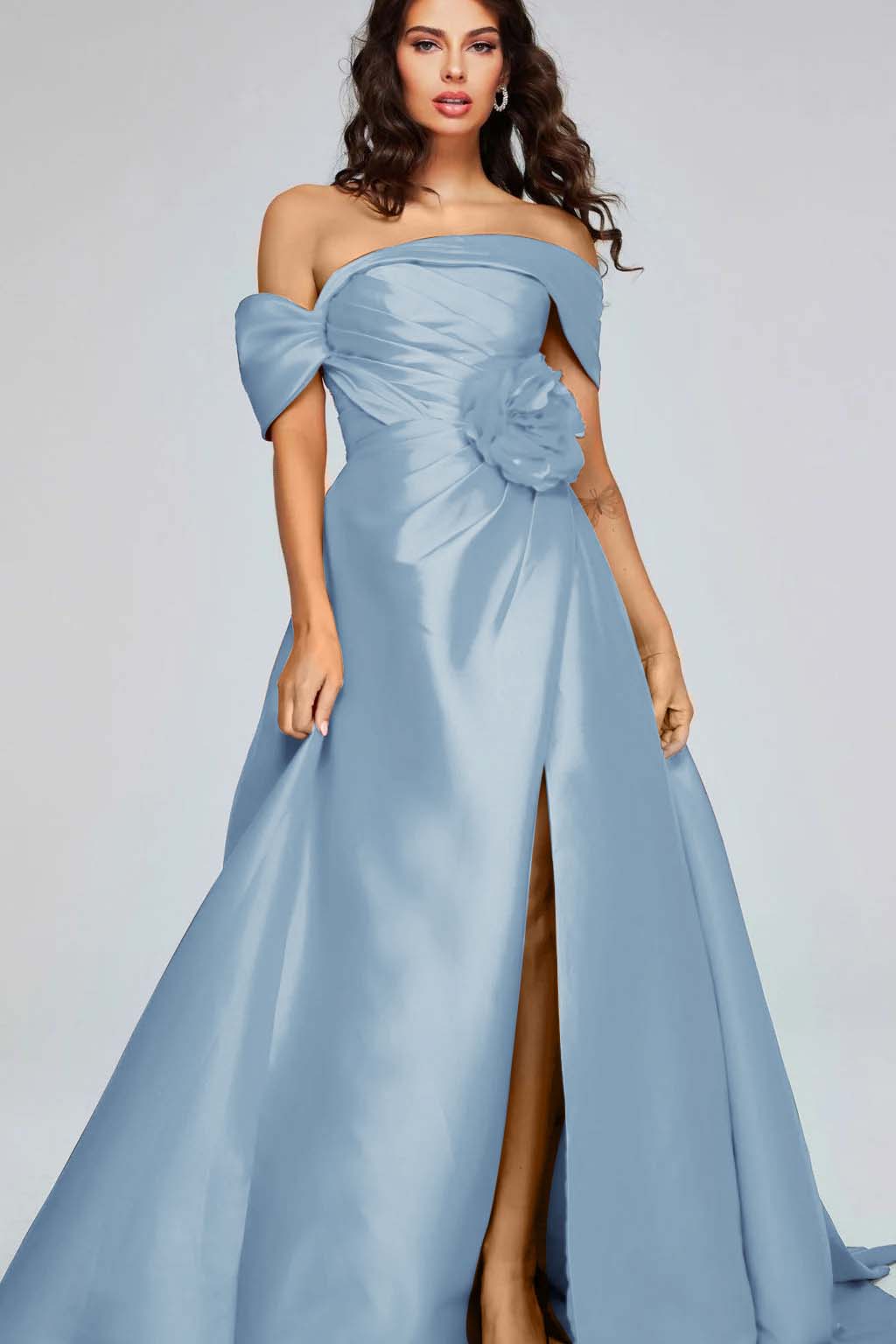 Off the Shoulder Sleeveless Long Split Prom Dress With Pleated BMBRIDE