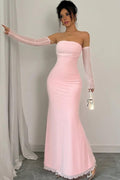 Strapless Long Mermaid Prom Dress With Detachable Sleeves Pleated BMBRIDE