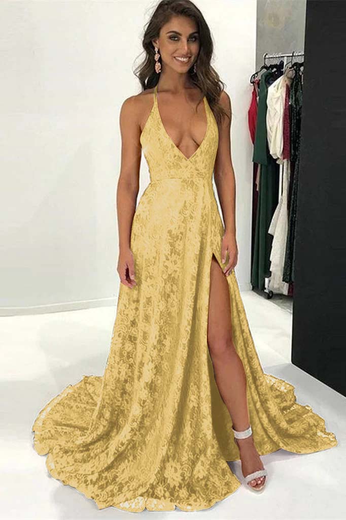 Burgundy Modern Halter Deep V Neck Backless Long Lace Prom Dress With Split BMBRIDE