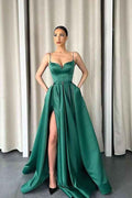 Dark Green Spaghetti Strap A Line V Neck Sleeveless Long Prom Dress With Split