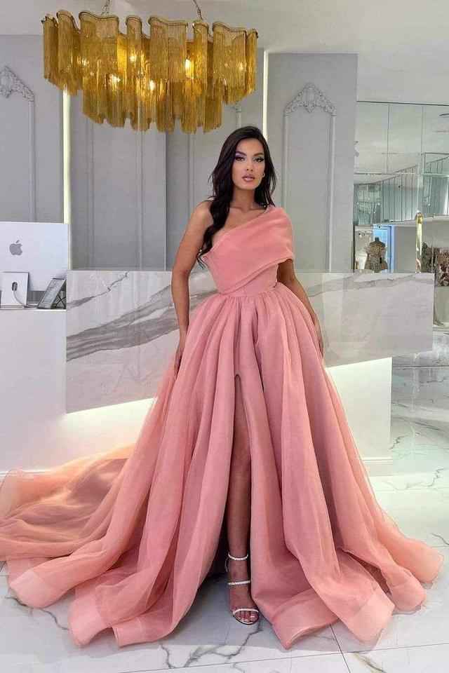Chic Pink One Shoulder Sleeveless Long A Line Prom Dress With Front Split