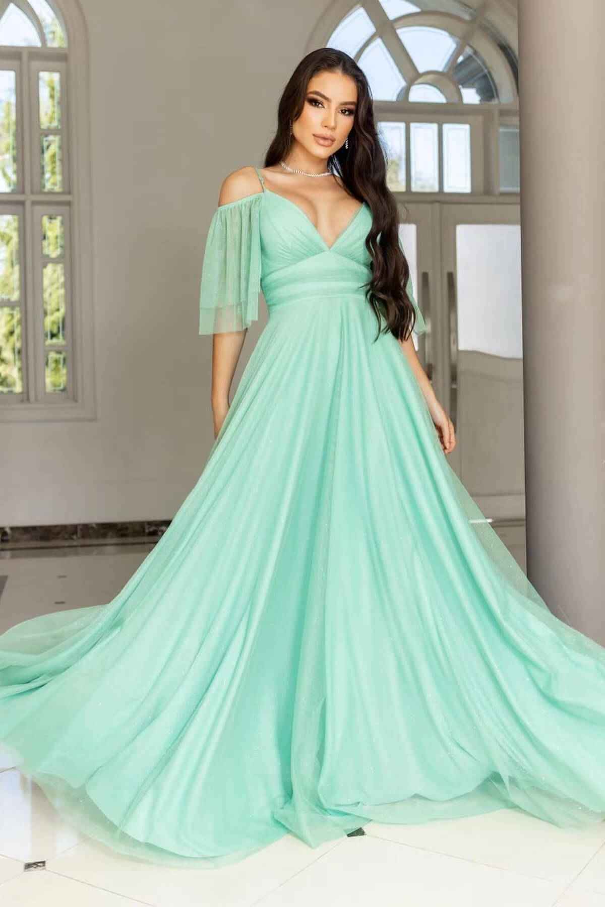 Chic Tulle Spaghetti Strap Deep V Neck Boho Prom Dress A Line With Sequins