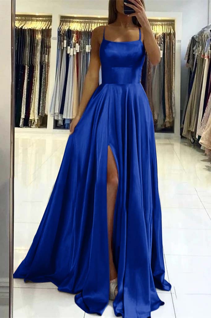 Pink Spaghetti Strap Sleeveless Backless Long Prom Dress With Front Split BMBRIDE