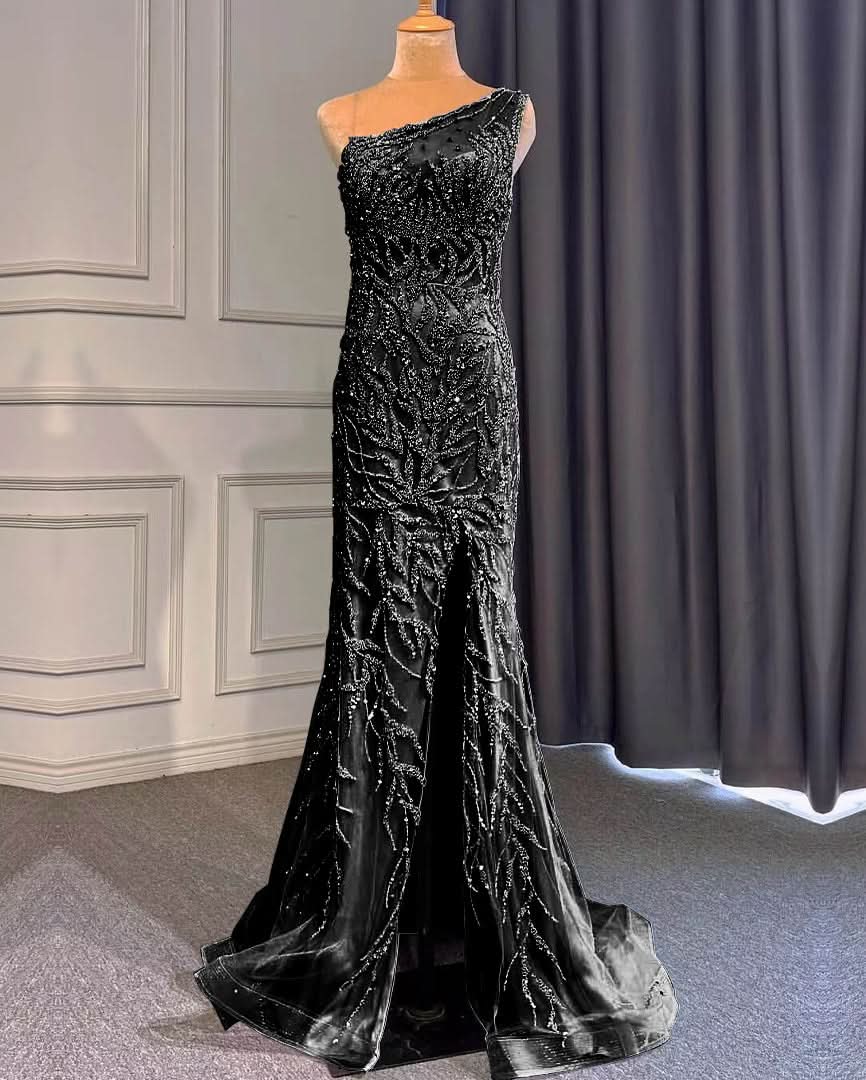 Light Purple Front Split One-Shoulder Beaded Mermaid Prom Dress with Long Ruffles BM bride