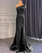 Light Purple Front Split One-Shoulder Beaded Mermaid Prom Dress with Long Ruffles BM bride