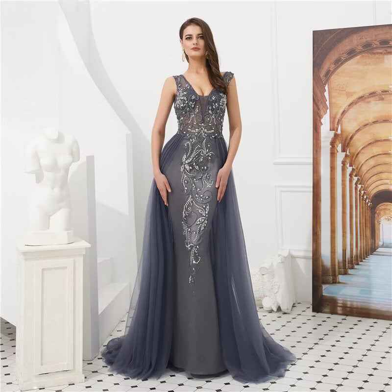 Elegant Bead Embroidery Dusty Blue Sleeveless Mermaid Long Prom Dress