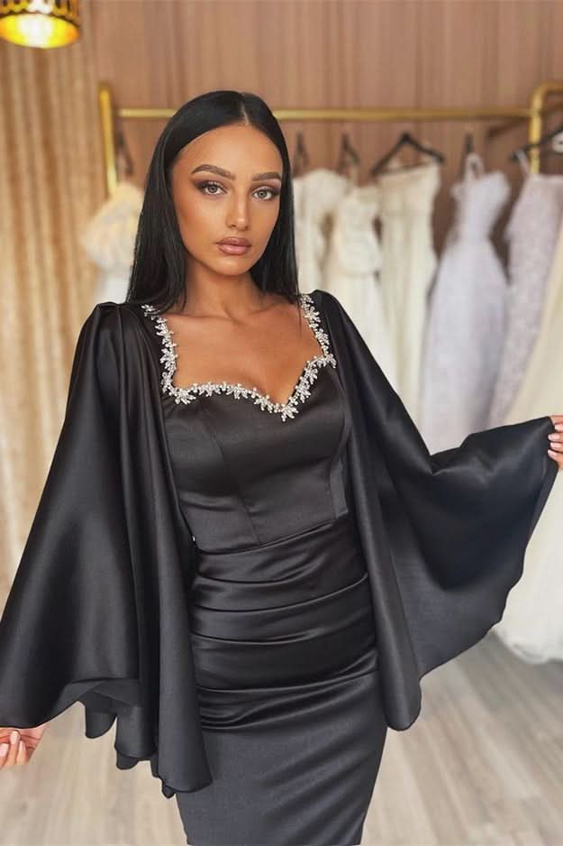 Gorgeous Black Long Sleeve Evening Dress with Applique Pleats BM bride