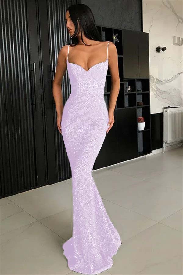 Elegant Black Spaghetti Strap Mermaid Prom Dress With Sequins BMBRIDE