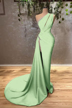 Ocean Blue One Shoulder Mermaid Evening Dress Long with Split BM bride