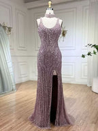 Luxurious Square Beaded Embroidered Formal Evening Dress with Slit BM bride