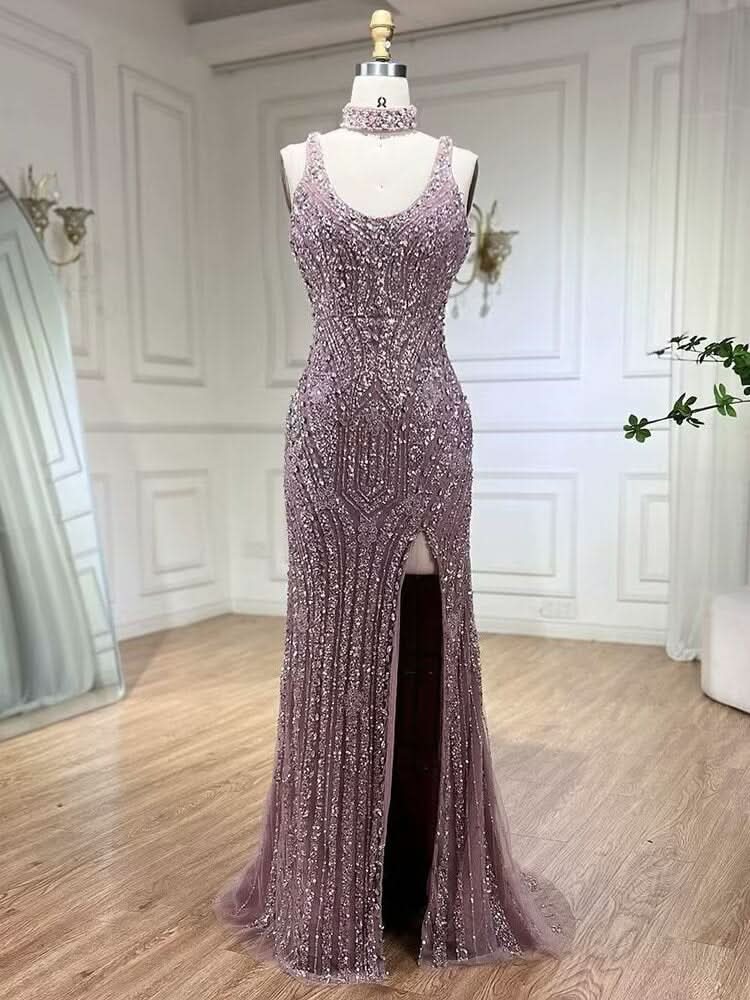 Luxurious Formal Evening Dress with Square Beaded Embroidery and Slit BM bride