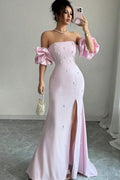 Strapless Bubble Sleeves Long Split Prom Dress With Beading BMBRIDE