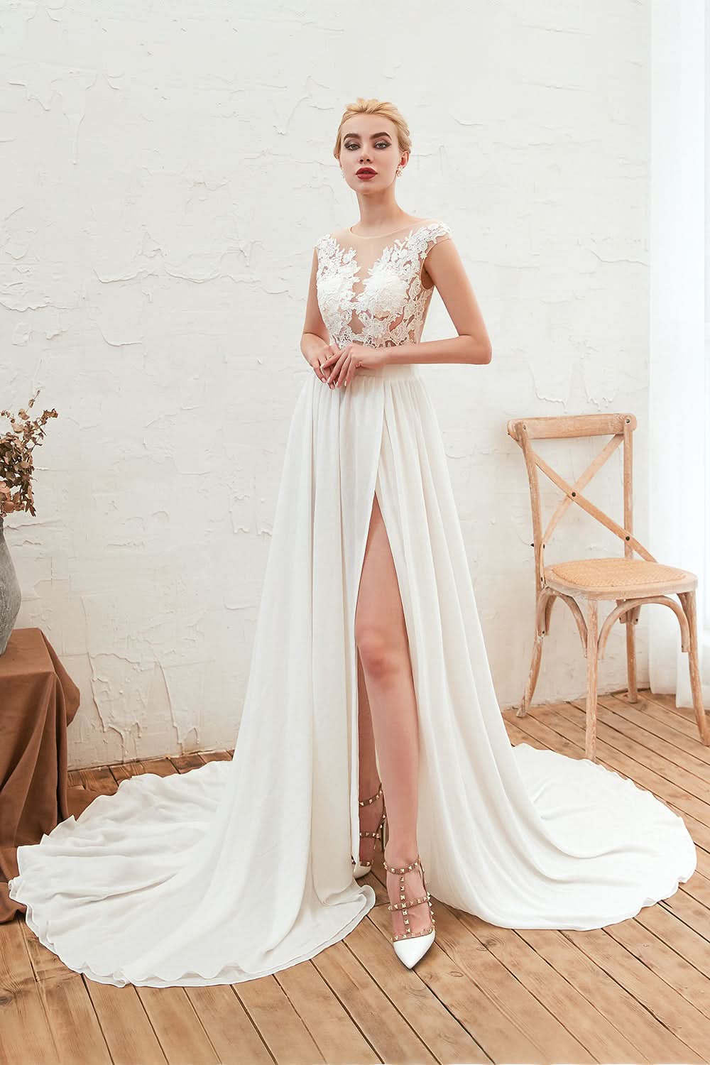 Bateau Neck A-Line Chiffon Wedding Dress with Lace Appliques, Ruffles, and Slit BM bride