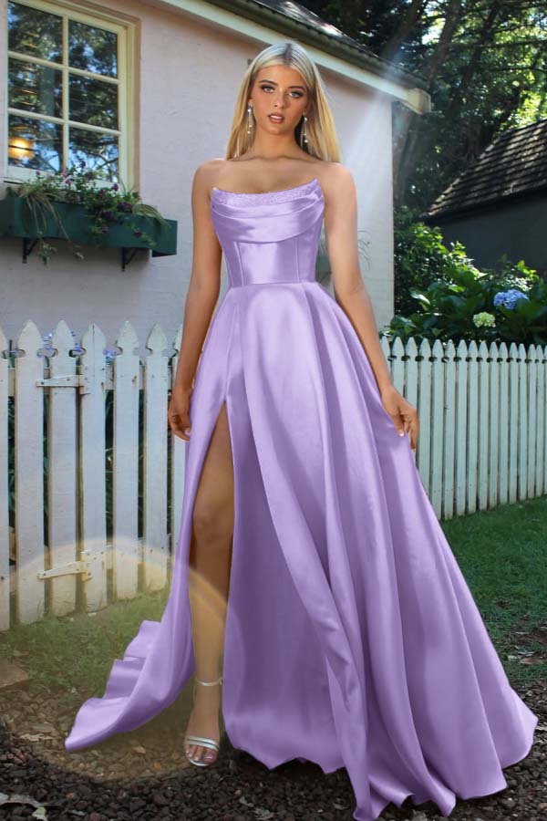 Strapless Sleeveless A Line Long Prom Dress With Split Pleated BMBRIDE