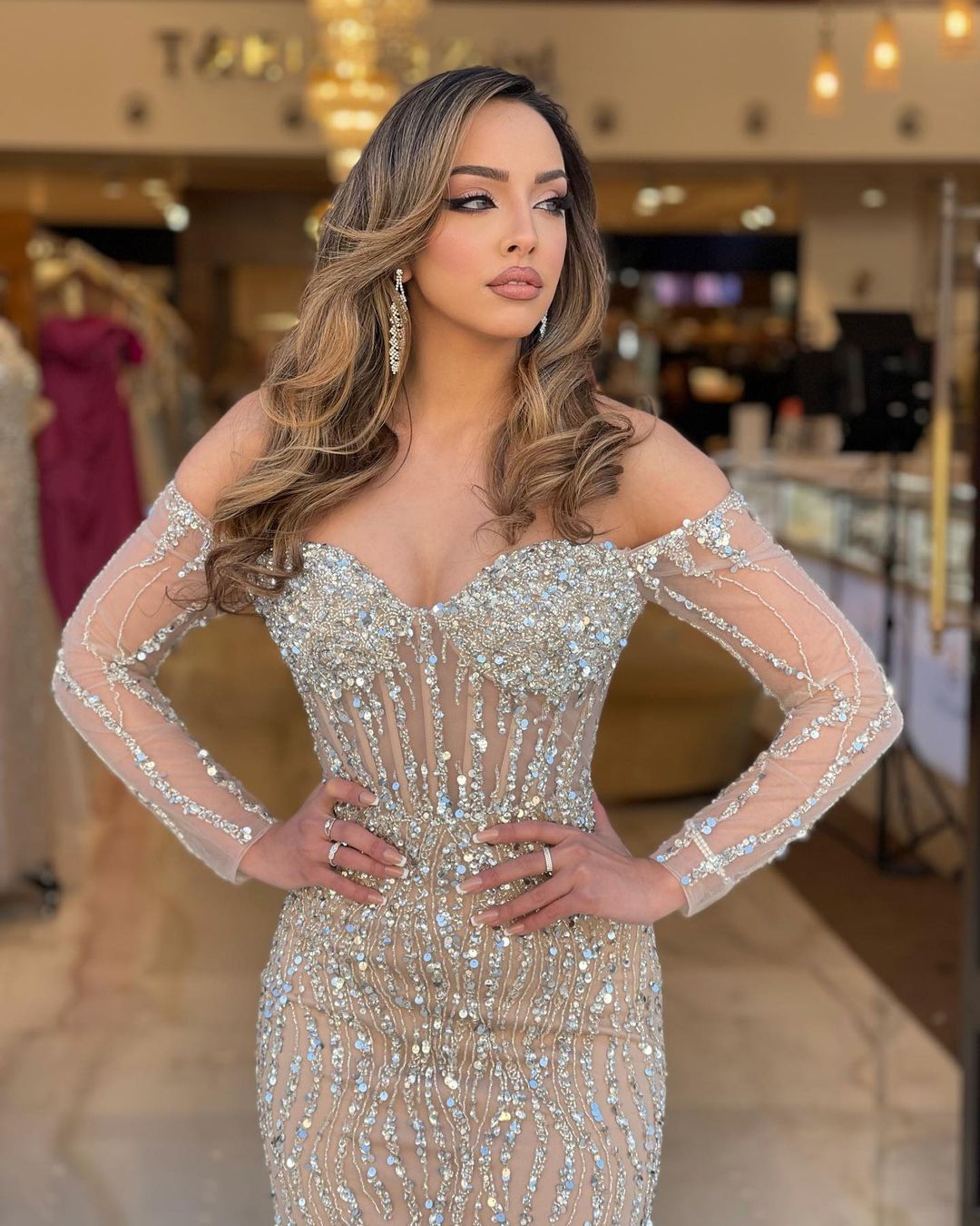Heavy Sweetheart Prom Dress with Long Sleeves and Strapless Beadings BM bride