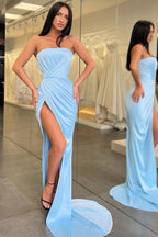 Light Blue Mermaid Evening Dress Long Strapless with Split BM bride
