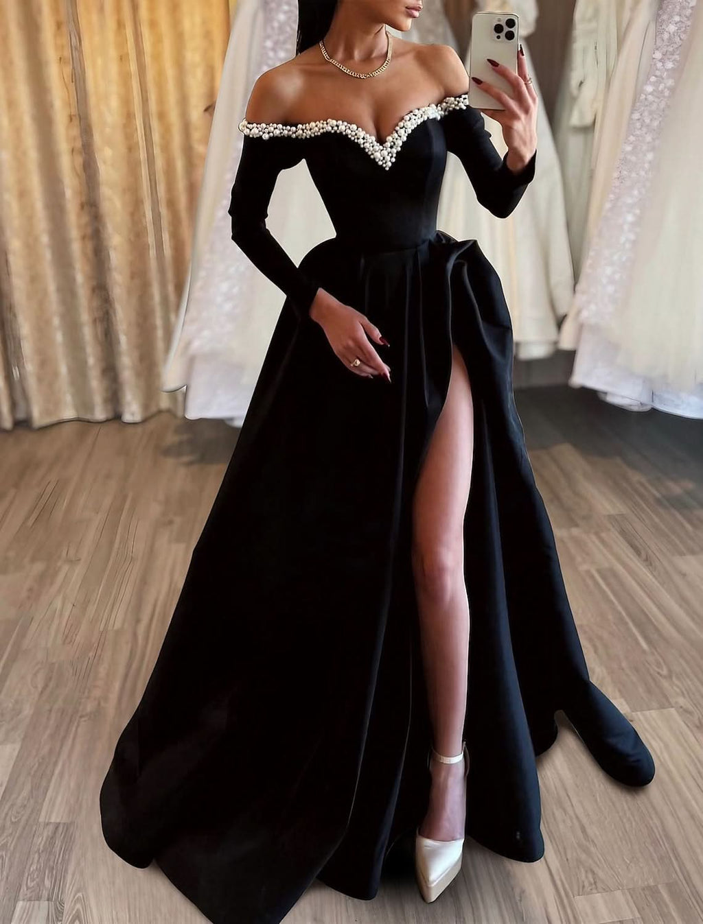 Black Prom Dress Long A Line Pleated High Slit BM bride