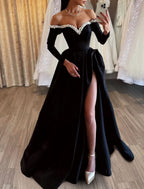 Black Prom Dress Long A Line Pleated High Slit BM bride