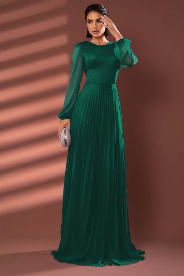 Chiffon Jewel Neck Long Sleeves Long Prom Dress With Pleated BMBRIDE