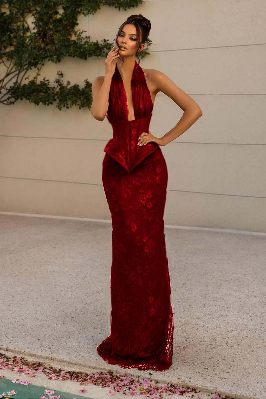Halter V Neck Sleeveless Long Mermaid Prom Dress With Appliques