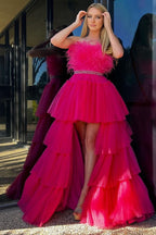 Captivating Fuchsia A-line High-Low Strapless Ruffled Tulle Prom Dress with Feathers BM bride