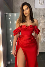 Red Off-the-Shoulder Prom Dress with Slit Ruffles BM bride