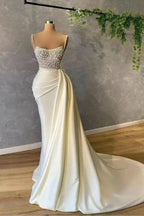 Elegant Spaghetti-Straps Mermaid Evening Dress with Pearl, Sequins, and Pleated BM bride