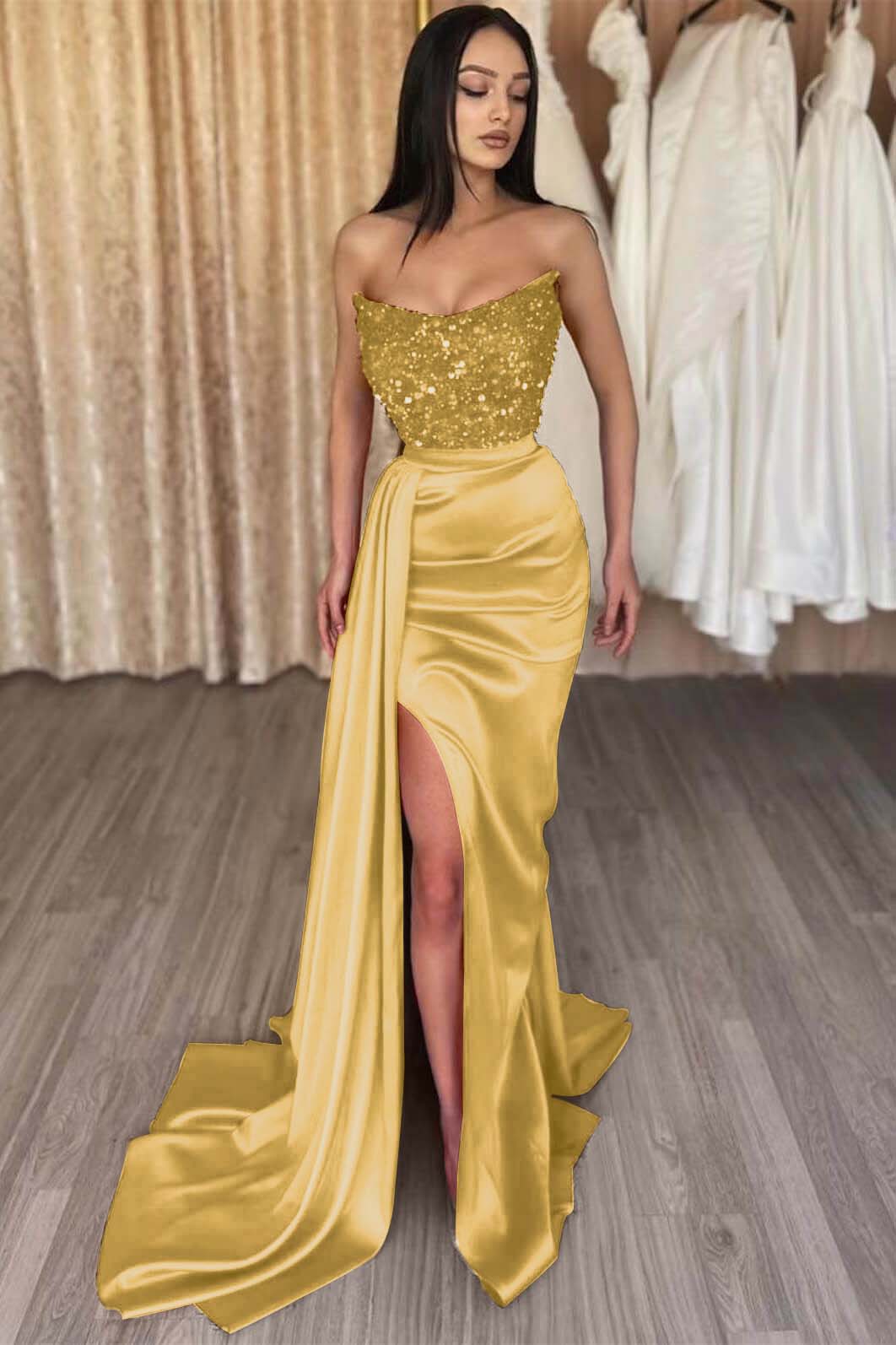 Red Strapless Elegant Sleeveless Long Sequins Prom Dress Mermaid Side Split BMBRIDE