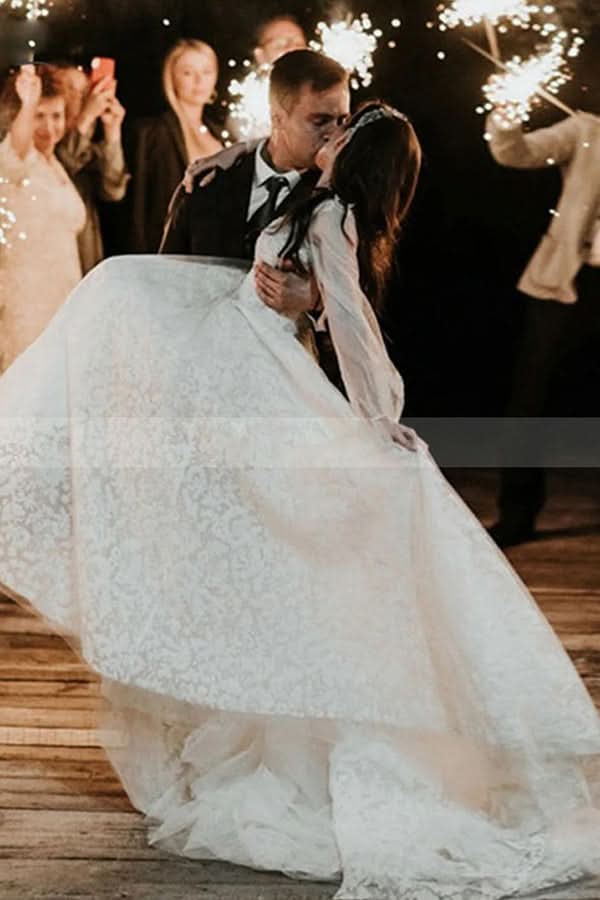 Stunning A-line Long Sleeves Lace Wedding Dress With Tulle BM bride