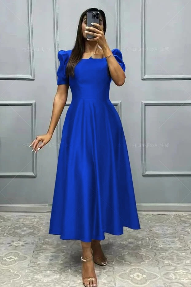 Elegant Square A Line High Waist Pleated Prom Dress With Short Sleeves BMBRIDE
