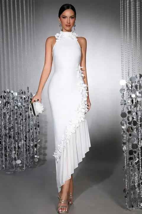 High Neck Sleeveless Long Prom Dress With Pleated Appliques