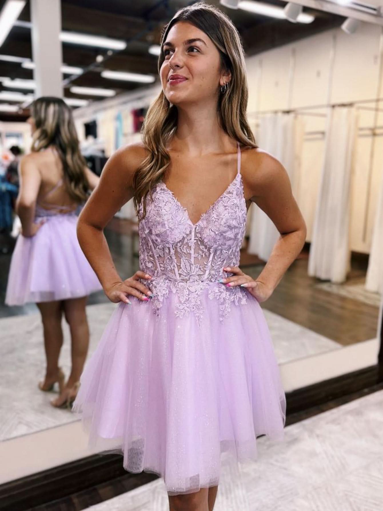 Charming A-Line Backless Tulle Appliqued Homecoming Dress BM bride