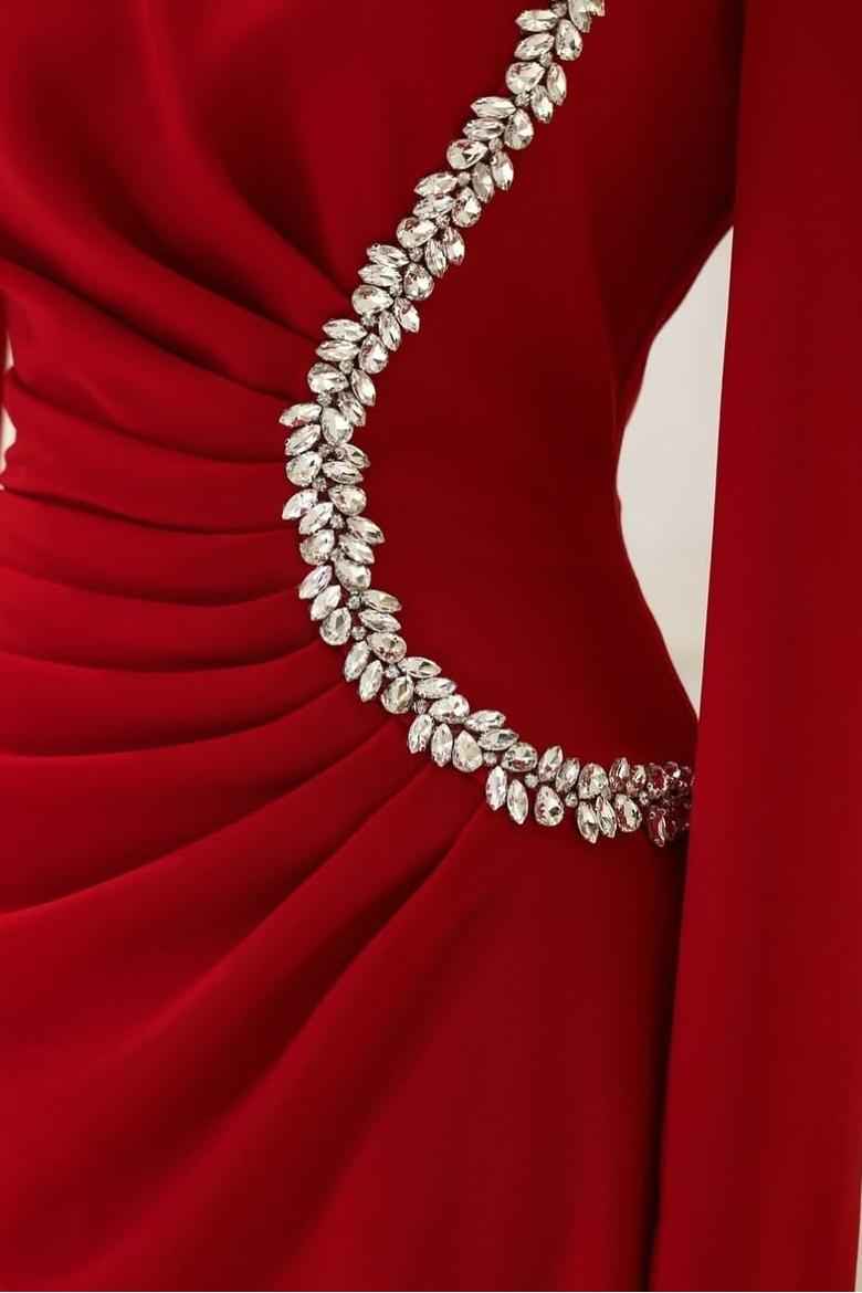Red High Neck Long Sleeves Long Prom Dress With Pleated Beading
