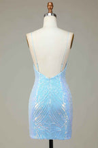 Glitter Blue Sequins Tight Short Homecoming Dress Bmbride