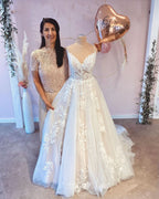 Vintage Spaghetti Straps A-Line Wedding Dress With Train Appliques Lace BM bride