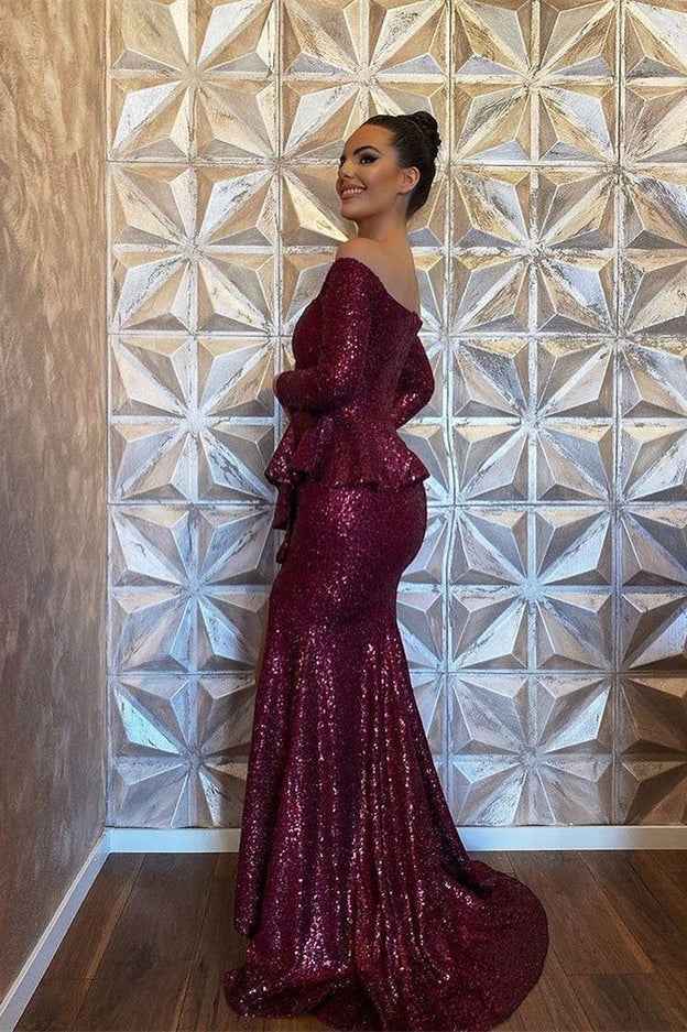 Off the Shoulder Long Sleeves Sequins Burgundy Mermaid Prom Dress With Split