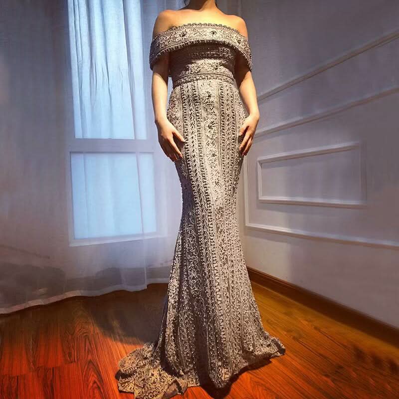 Dusty Rose Off-the-Shoulder Prom Dress with Mermaid Beading BM bride
