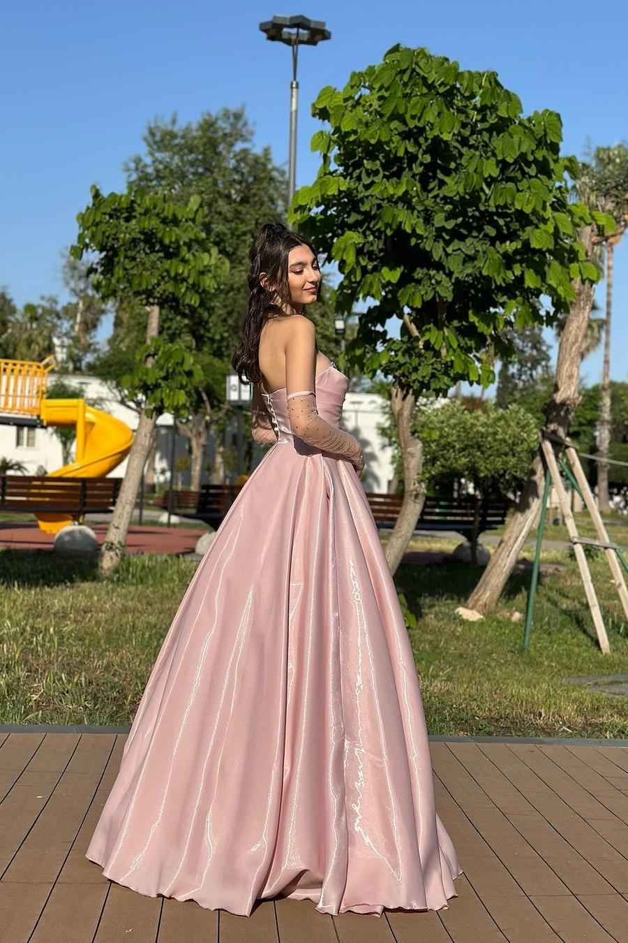 Strapless Beading A Line Long Prom Dress With Detachable Sleeves