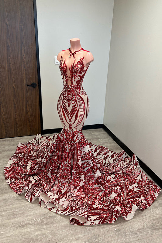 Laser Light Crew Neck Mermaid Prom Dress Sleeveless With Appliques