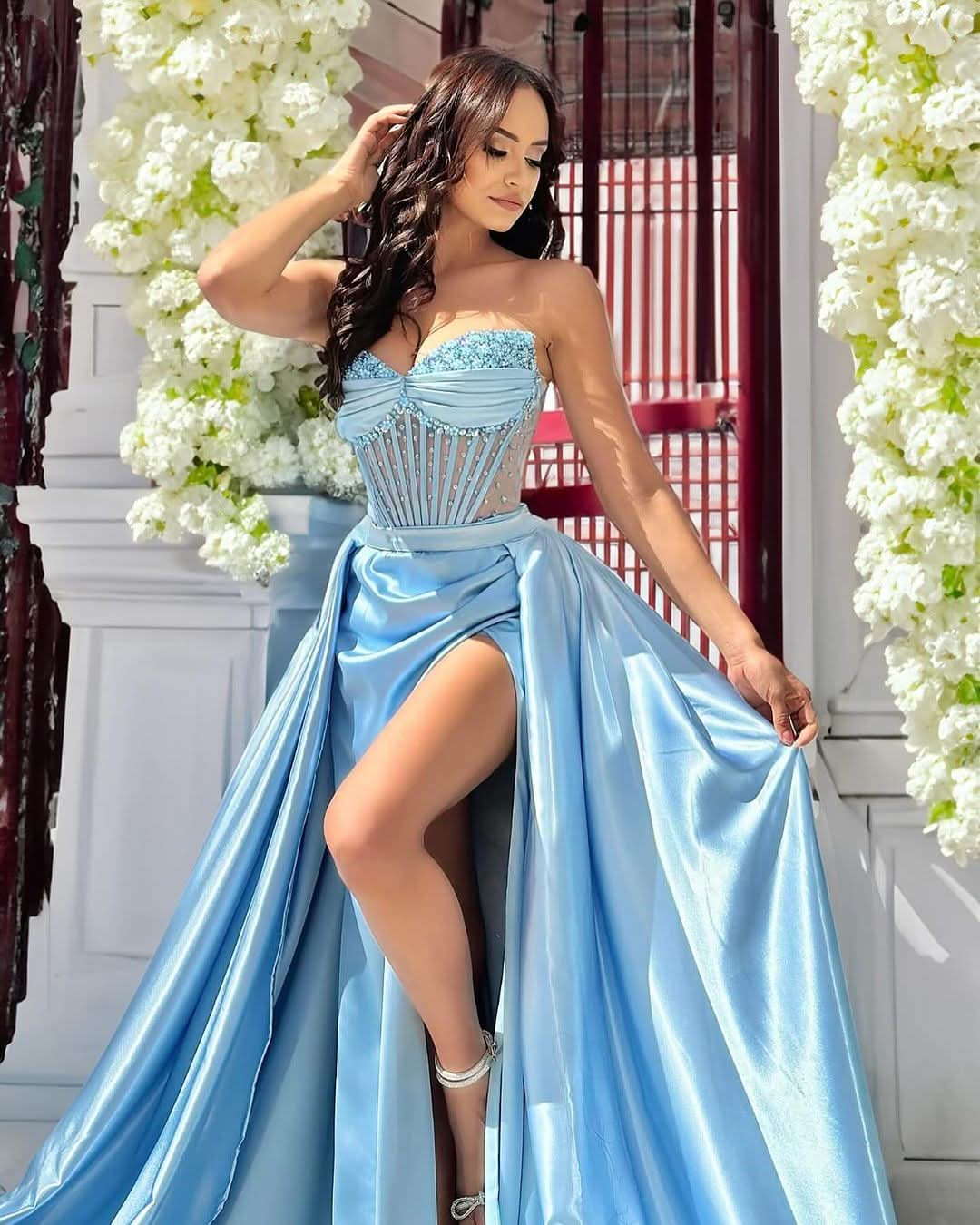 Blue Prom Dress Long A-Line Sleeveless High Slit Dress with Beads BM bride