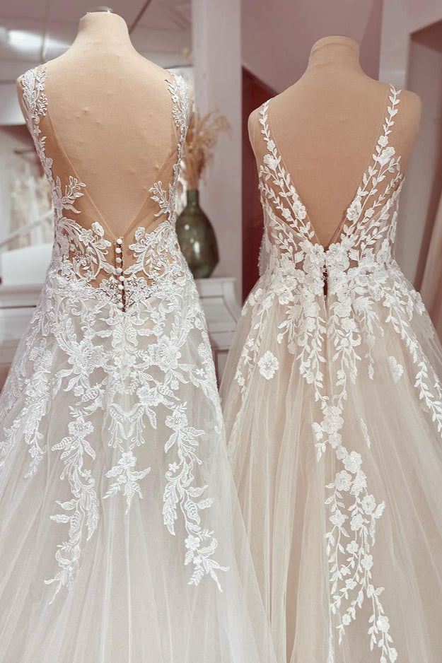 Deep V-Neck A-Line Lace Floor-Length Wedding Dress with Tulle Appliques BM bride