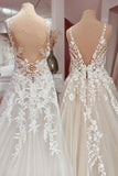 Deep V-Neck A-Line Lace Floor-Length Wedding Dress with Tulle Appliques BM bride
