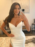 Elegant White Strapless V Neck Long Prom Dress with Slit BM bride