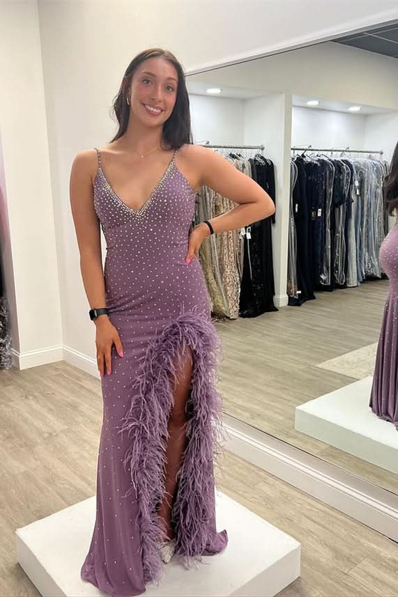 Purple Spaghetti-Strap Long Beaded Prom Dress with Feathers BM bride