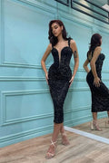 Black Sequins Spaghetti-Straps Mermaid Prom Dress BM bride