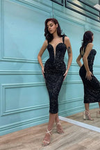 Black Sequins Spaghetti-Straps Mermaid Prom Dress BM bride