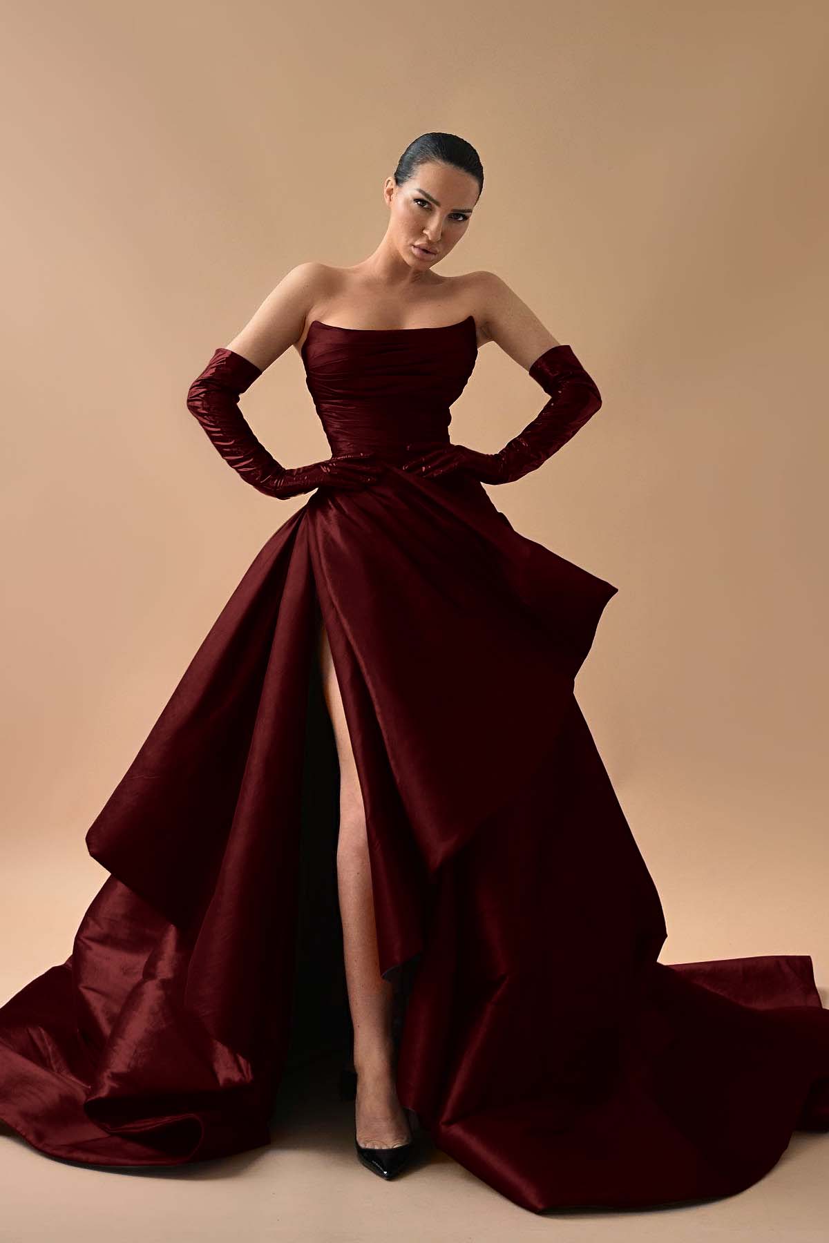 Strapless Sleeveless Long Split Prom Dress With Gloves Pleated BMBRIDE