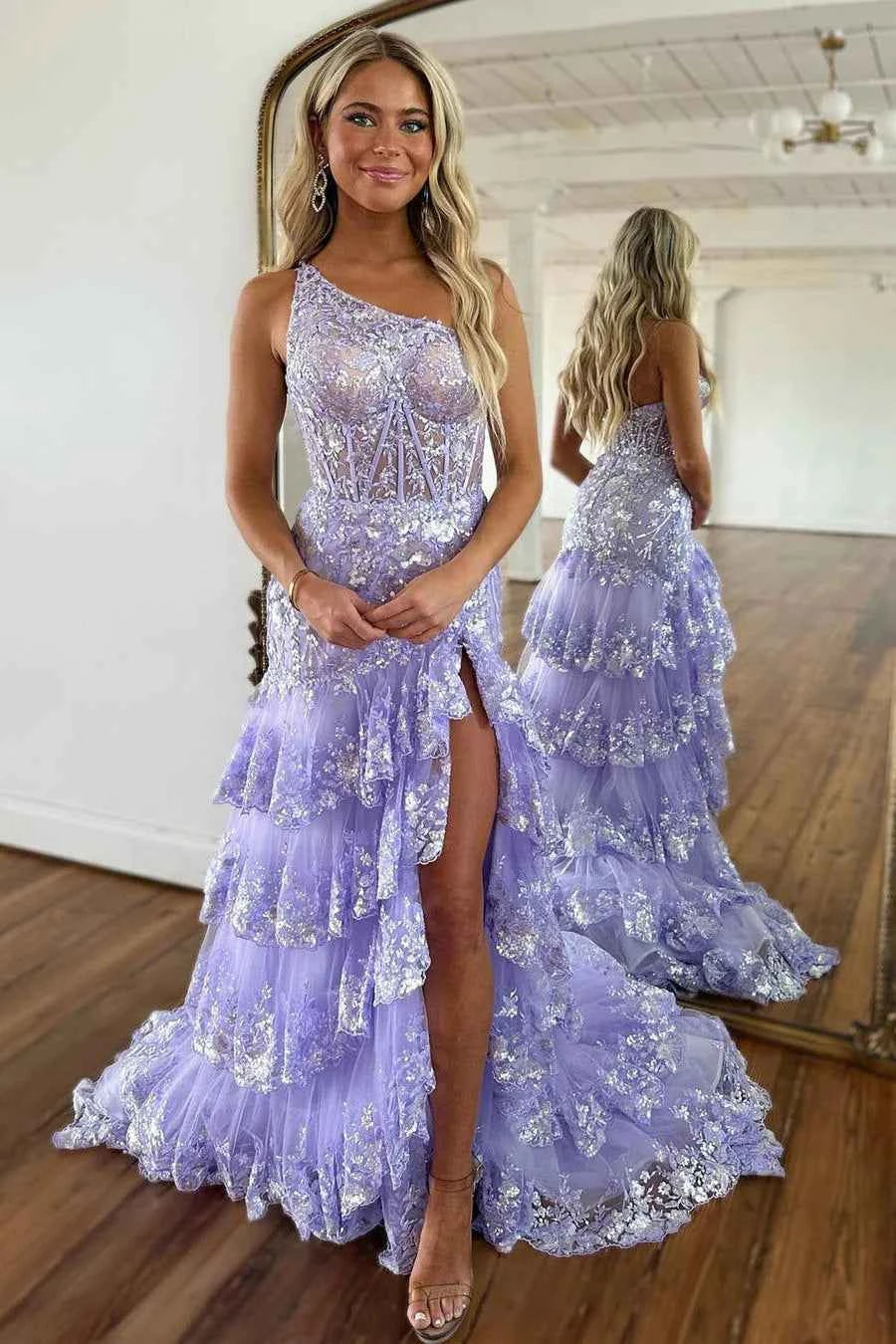 Sparkly A Line One Shoulder Navy Lace Corset Prom Dress with Ruffles